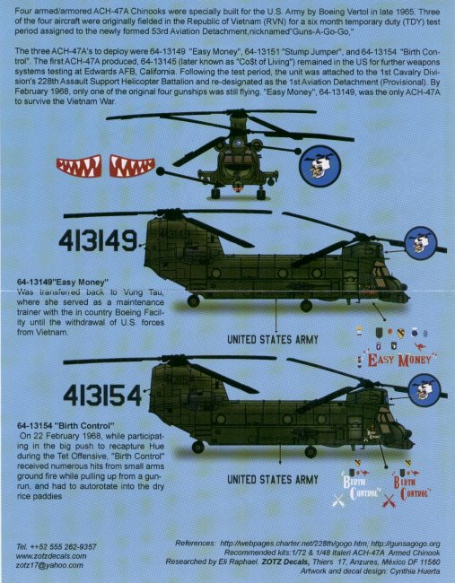 Zotz Vietnam War ACH-47A Chinook ZTZ48025 / ZTZ72025 decal sheet